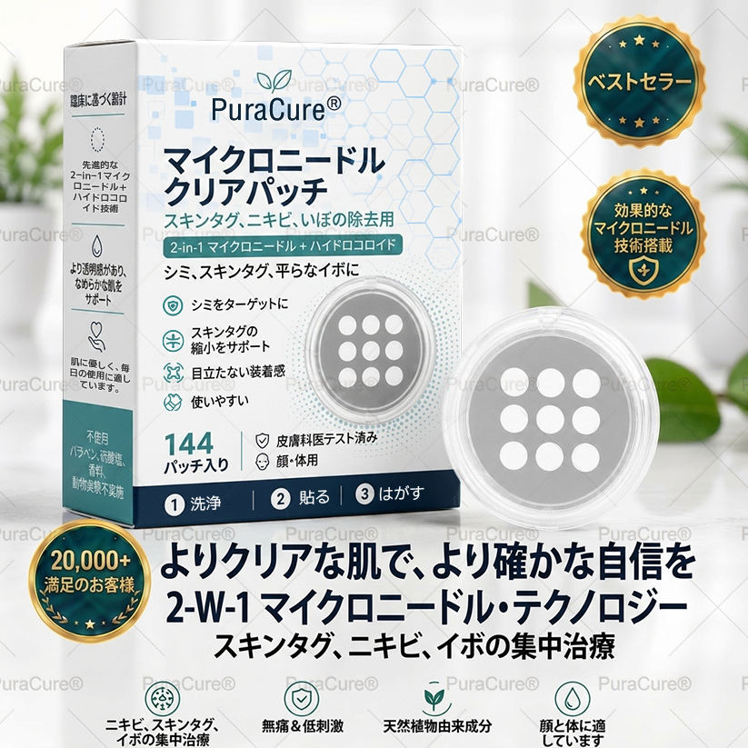 🧑‍⚕️PuraCure® 2-in-1 マイクロニードル＆ハイドロコロイドパッチ🍀| 盛り上がったホクロ・ニキビ・扁平イボ・スキンタッグのケアに | シワ・ニキビ跡・肌の色ムラをケア | 目立たない透明パッチ（顔・体用）